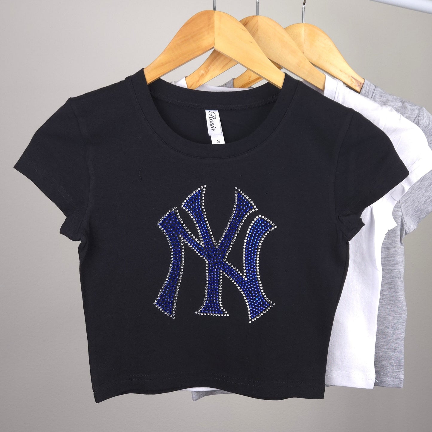 NY Yankees Rhinestone Cropped T-shirt (Blue with Clear Rhinestones)