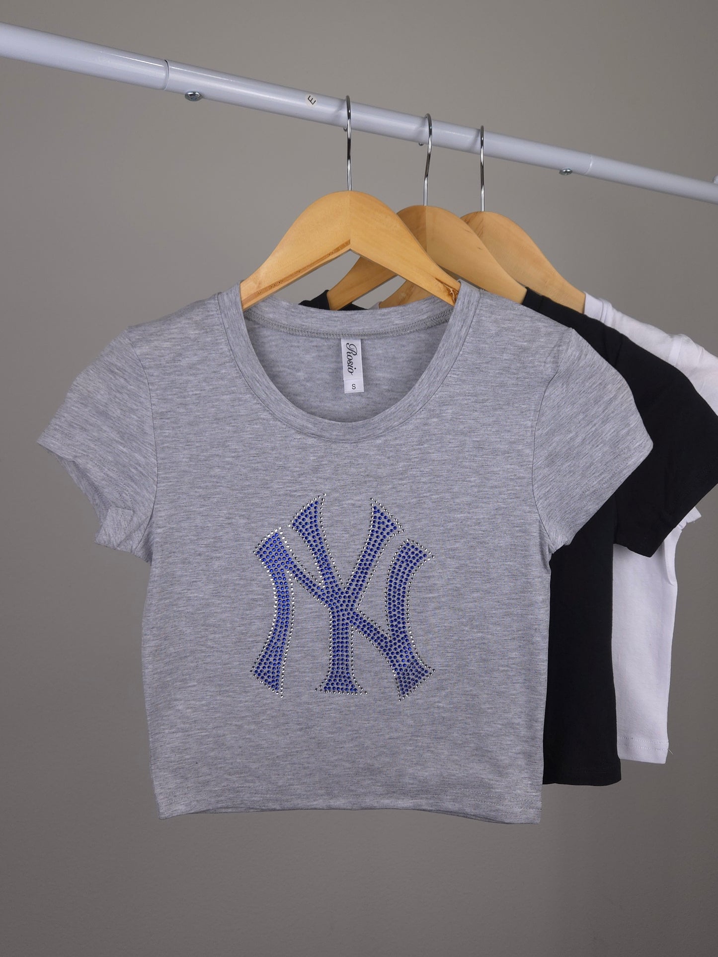 NY Yankees Rhinestone Cropped T-shirt (Blue with Clear Rhinestones)