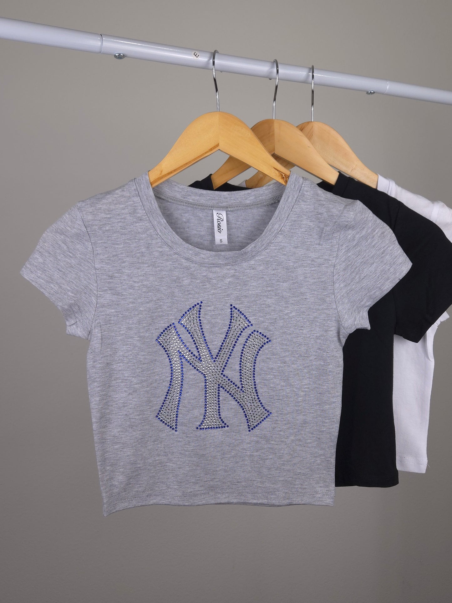 NY Yankees Rhinestone Cropped T-shirt (Clear with Blue Rhinestones)