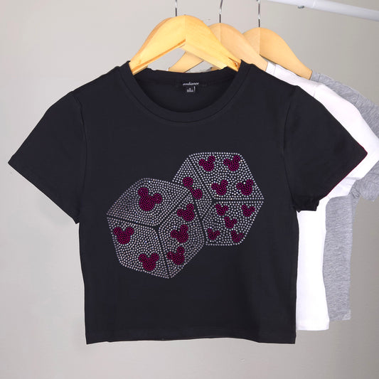 Mickey Dice Rhinestone Cropped T-shirt