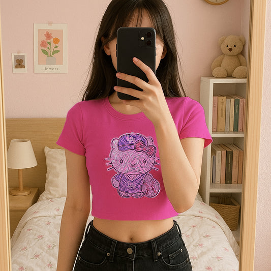 Hello Kitty Dodgers Rhinestone Cropped T-shirt