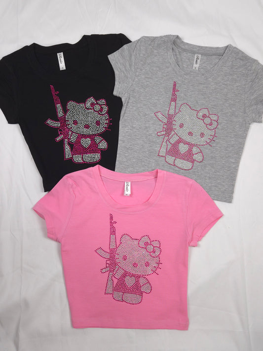 Hello Kitty AK47 Rhinestone Cropped T-shirt