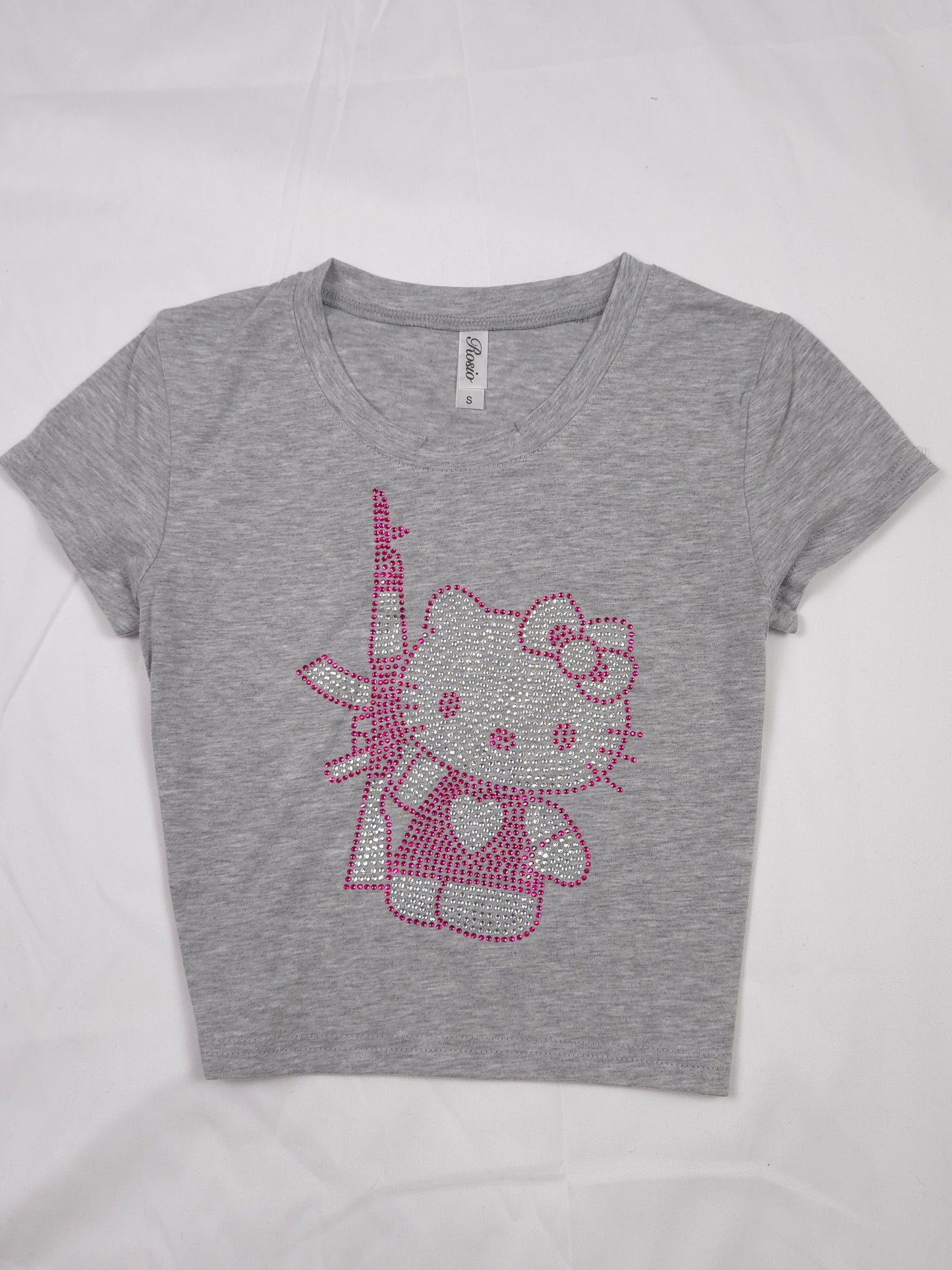 Hello Kitty AK47 Rhinestone Cropped T-shirt